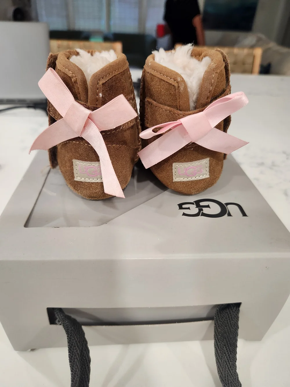 UGG Baby Chestnut Suede Booties with Pink Bows